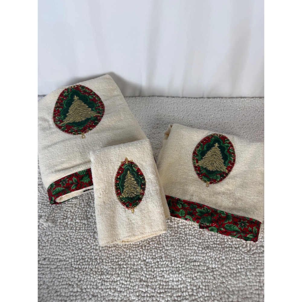 VTG Christmas Tree Embroidered Bath Hand Towel Set Cream Holly Border 3pc